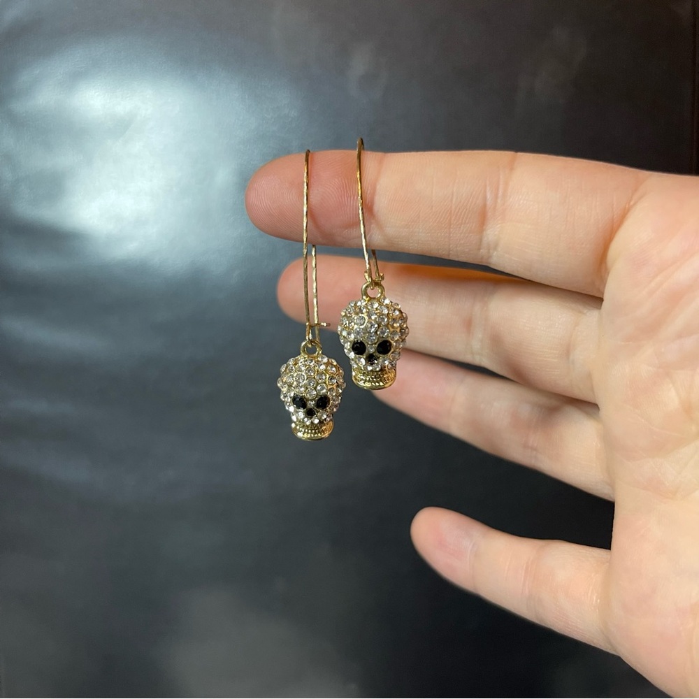 Gold Skull Earrings with Crystal Accents - Picture 7 of 7